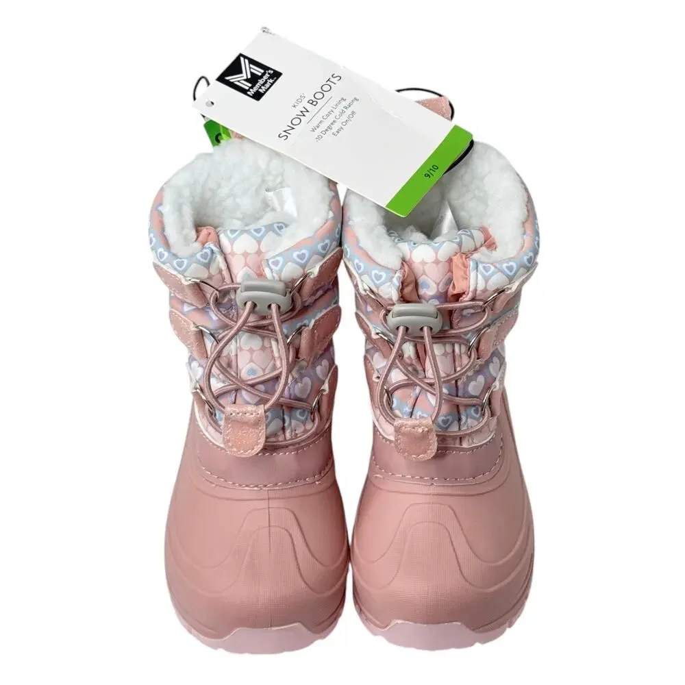 NEW Girls SNOW BOOTS 9/10 Fleece Line Pink Boot Winter Water Resist Hearts NWT